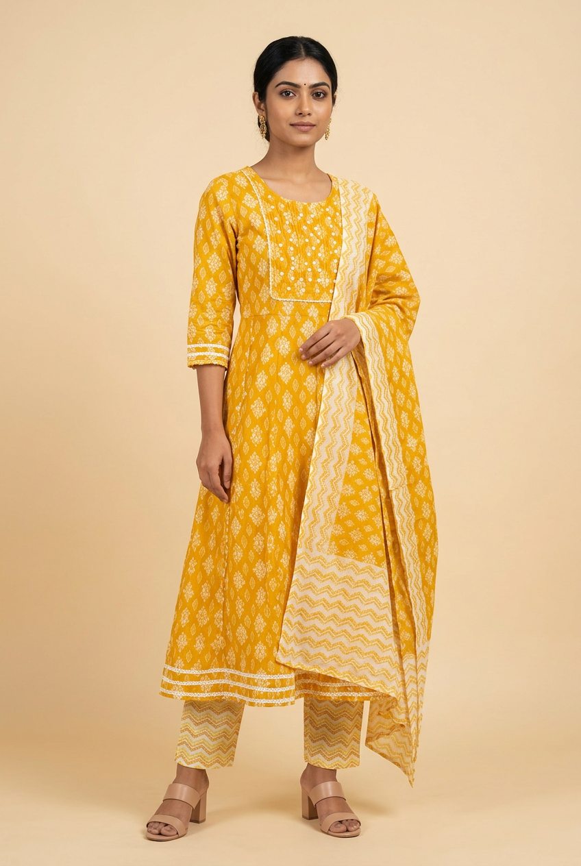 Anarkali Kurta Set for Women – Floral Print Zig-Zag Pants & Dupatta