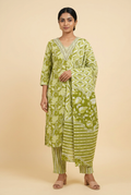 Cotton Kurta Set for Women – Floral Print with Striped Pants & Dupatta