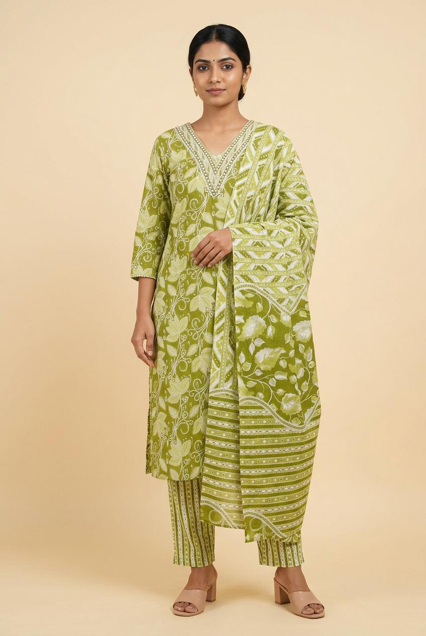 Cotton Kurta Set for Women – Floral Print with Striped Pants & Dupatta