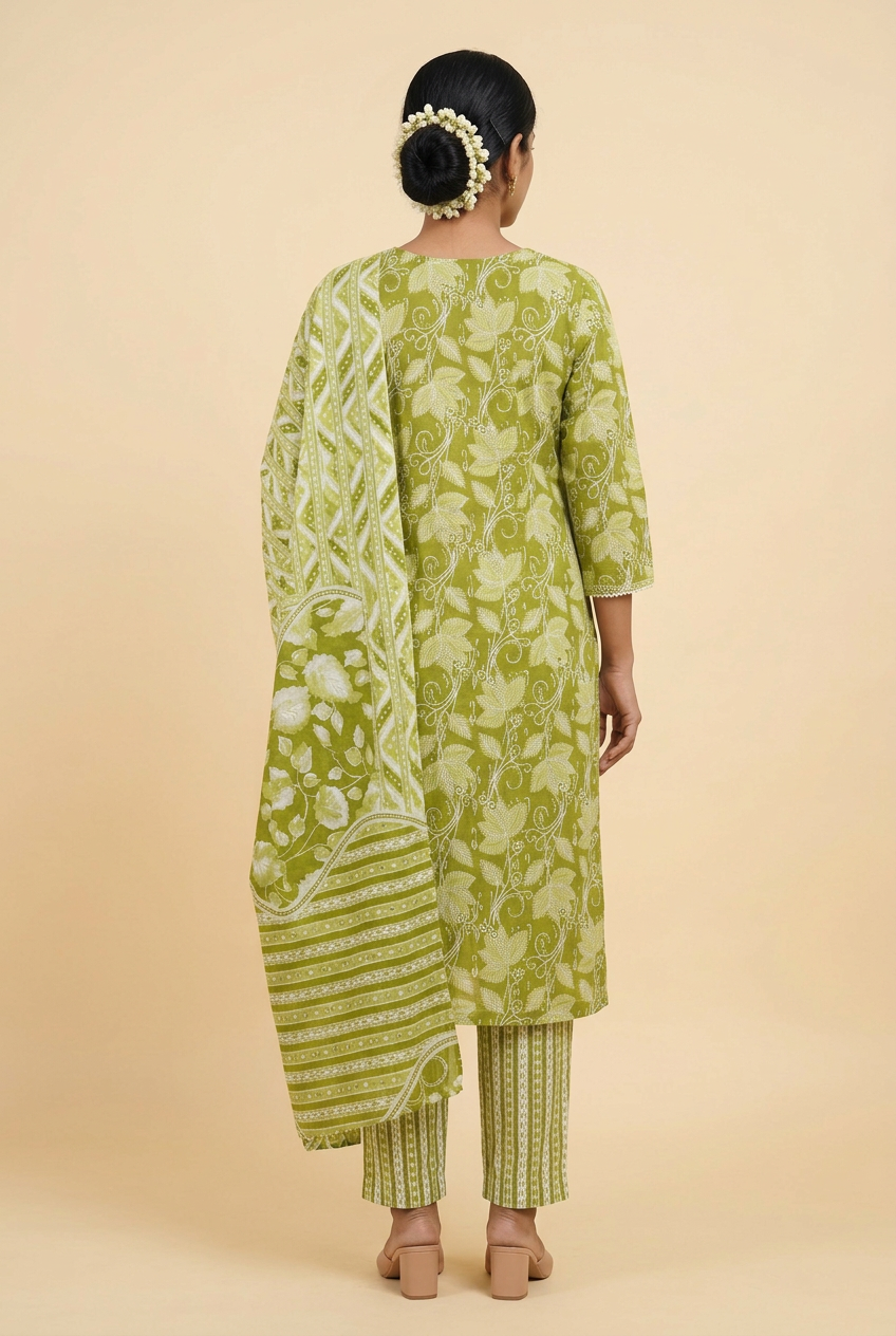 Cotton Kurta Set for Women – Floral Print with Striped Pants & Dupatta