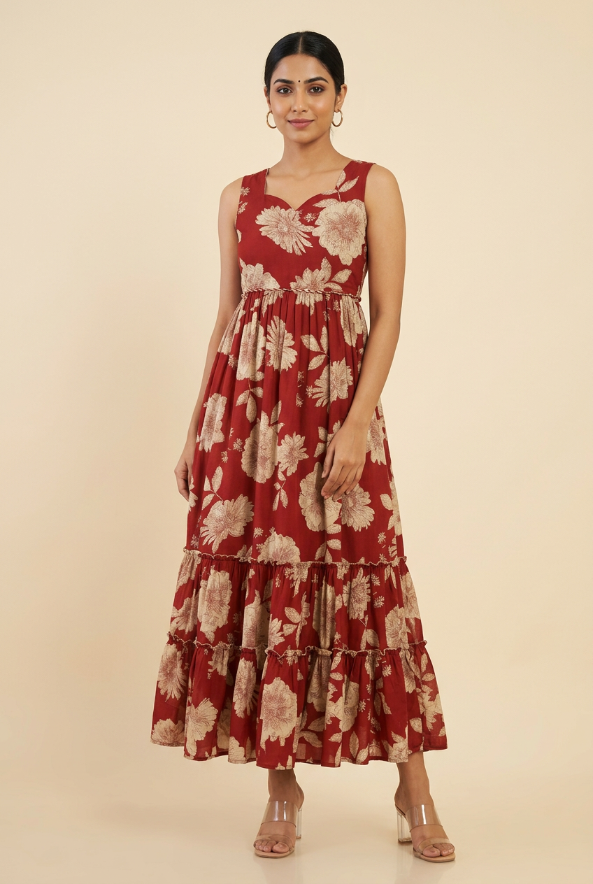 Sleeveless Maxi Dress for Women – Red Floral Tiered Ruffle Gown