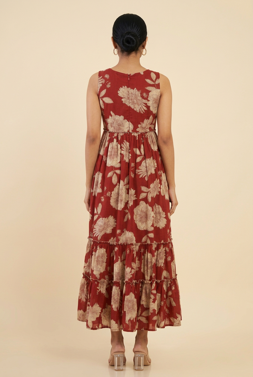 Sleeveless Maxi Dress for Women – Red Floral Tiered Ruffle Gown