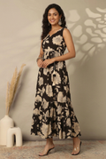 Sleeveless Maxi Dress for Women – Black Floral Tiered Ruffle Gown