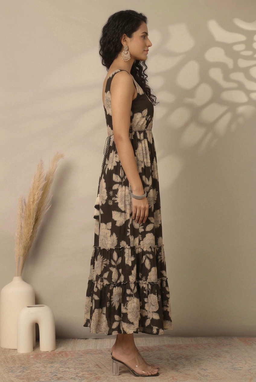 Sleeveless Maxi Dress for Women – Black Floral Tiered Ruffle Gown