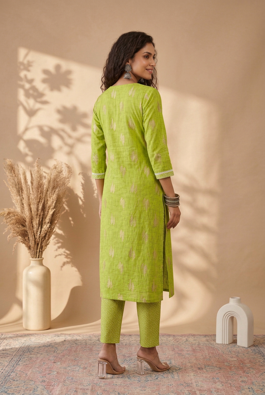 Cotton Kurta Set for Women – Lime Green Printed Kurti with Pants