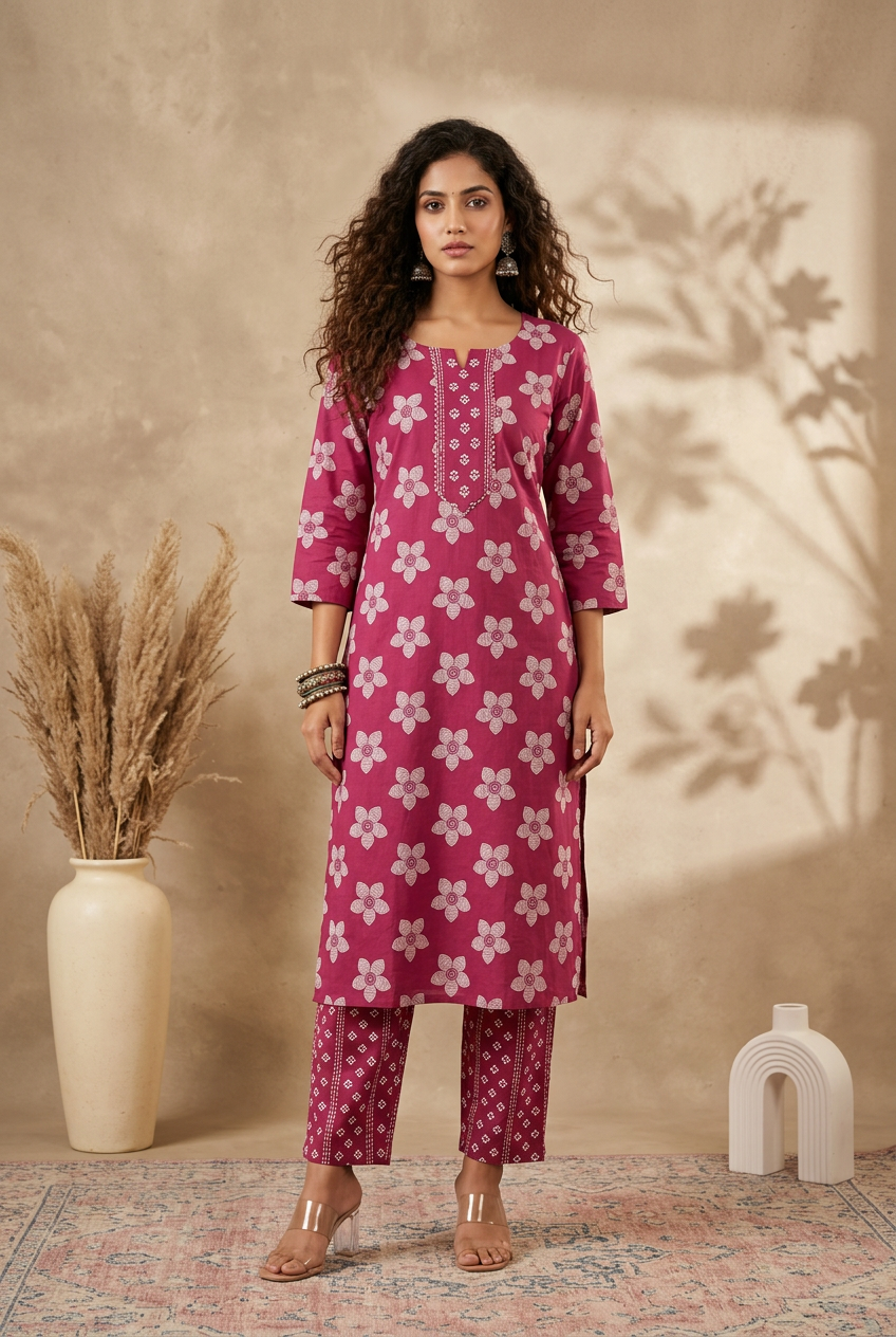 Plus Size Cotton Kurta Set for Women – Rose Pink Floral Print