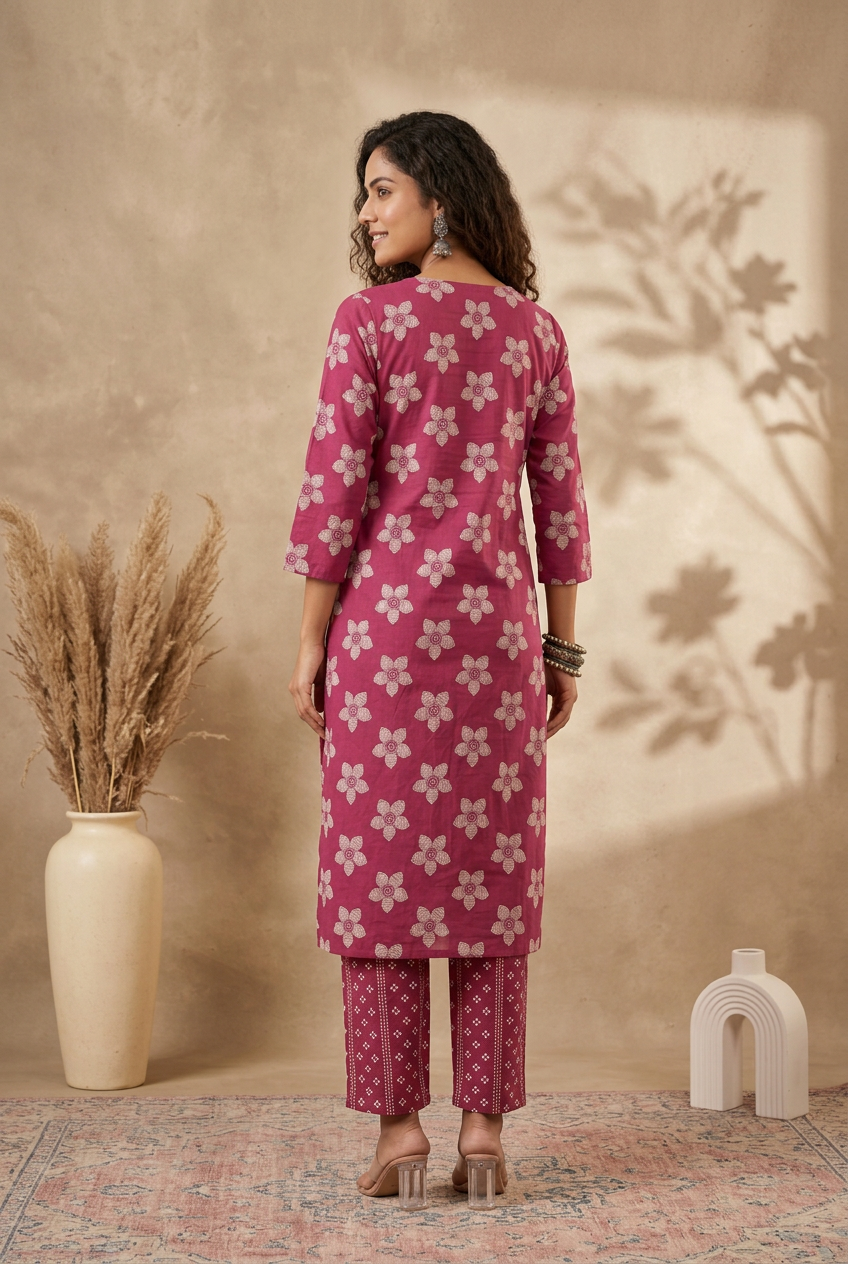 Plus Size Cotton Kurta Set for Women – Rose Pink Floral Print