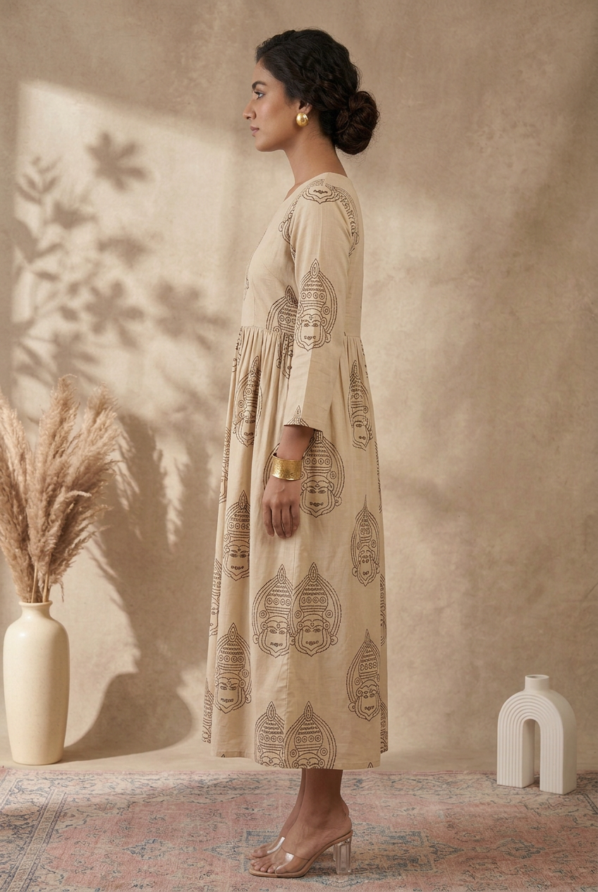 Cotton Midi Gown Dress for Women – Cream Block Print Ethnic Wear