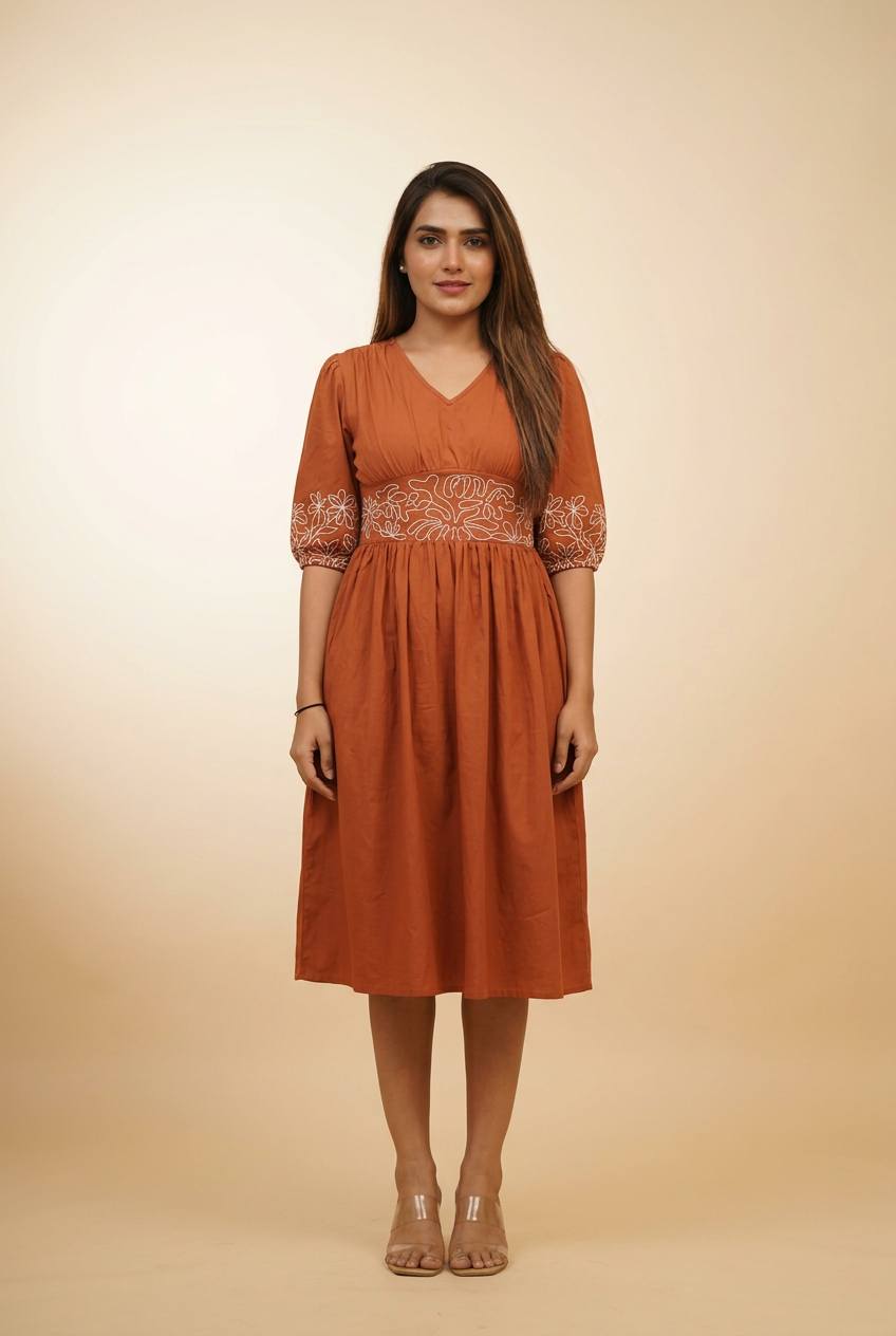 Embroidered Cotton Gown for Women – Pure Cotton Puff Sleeve Kurti Dress
