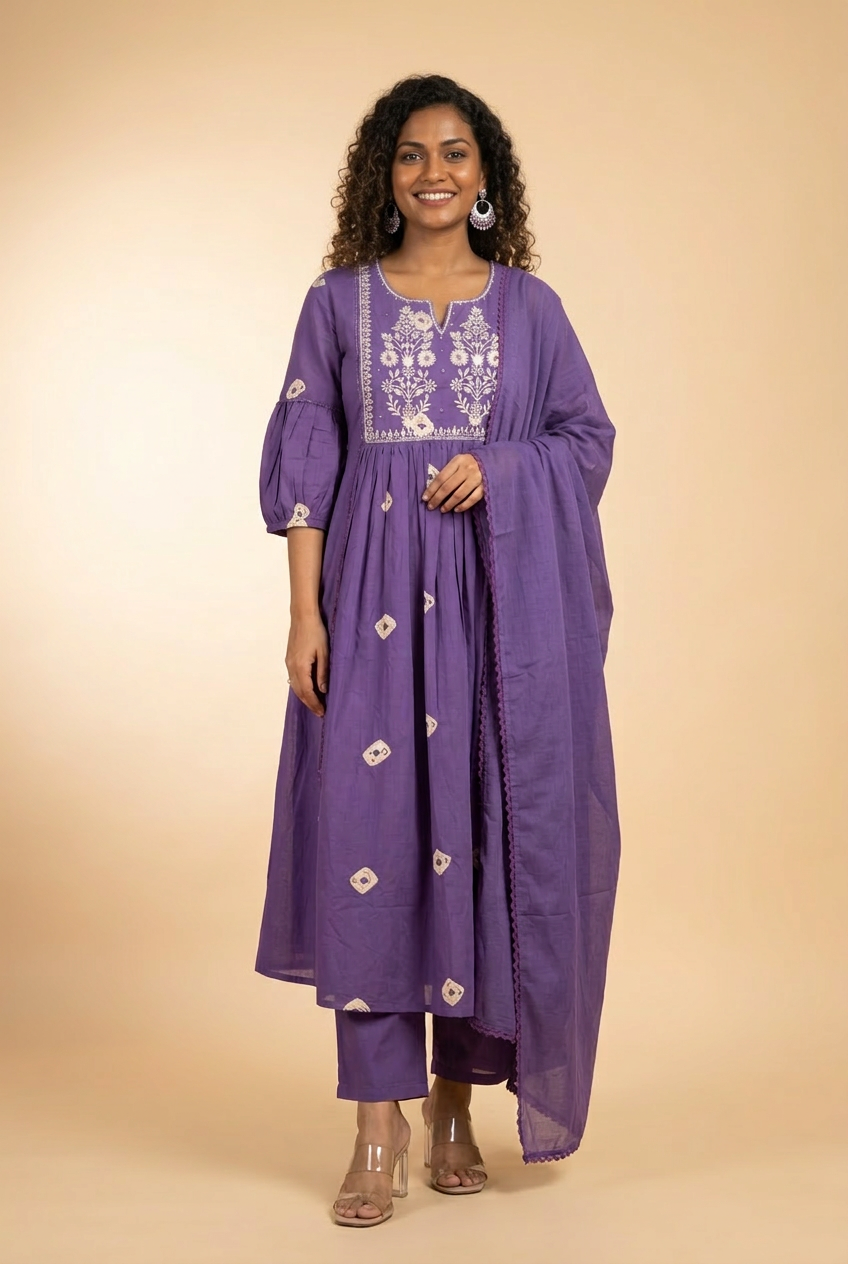 Embroidered Cotton 3 Piece Kurti Set for Women with Dupatta – Flared Kurta
