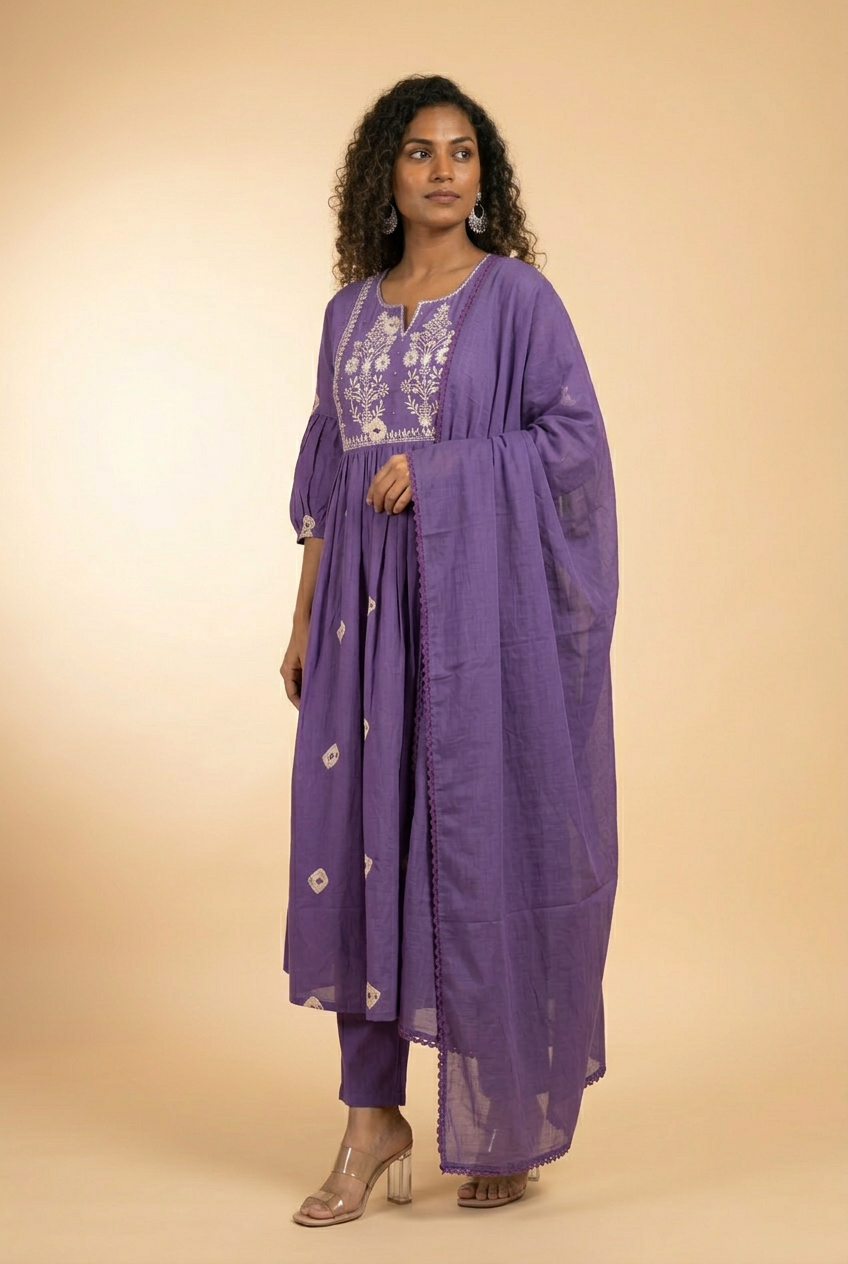 Embroidered Cotton 3 Piece Kurti Set for Women with Dupatta – Flared Kurta