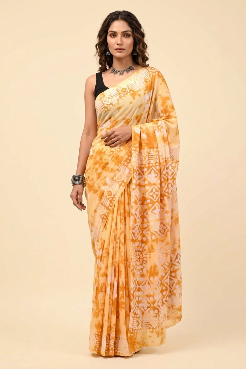 Yellow Tie-Dye Cotton Saree for Women – Printed Daily Wear Saree with Blouse Piece