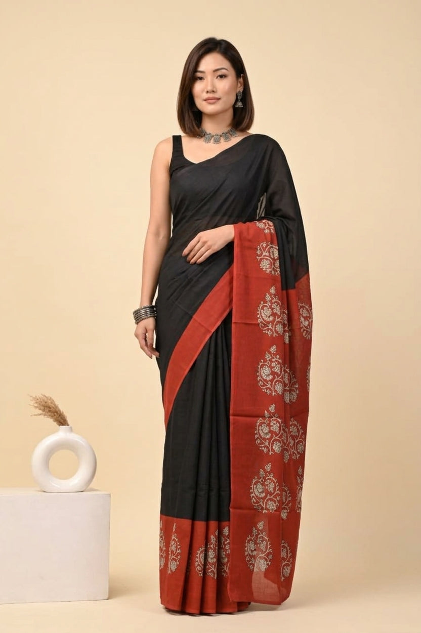 Black Cotton Saree with Red Border for Women – Printed Ethnic Daily Wear Saree