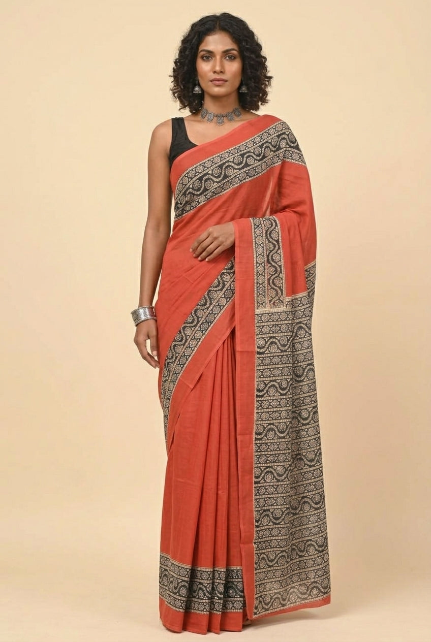 Orange Cotton Saree with Traditional Printed Border for Women – Ethnic Daily Wear Saree
