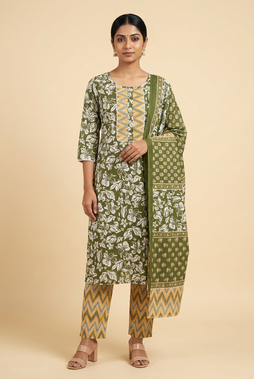 Anarkali Kurta Set for Women – Olive Green Floral Print with Dupatta