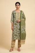 Anarkali Kurta Set for Women – Olive Green Floral Print with Dupatta