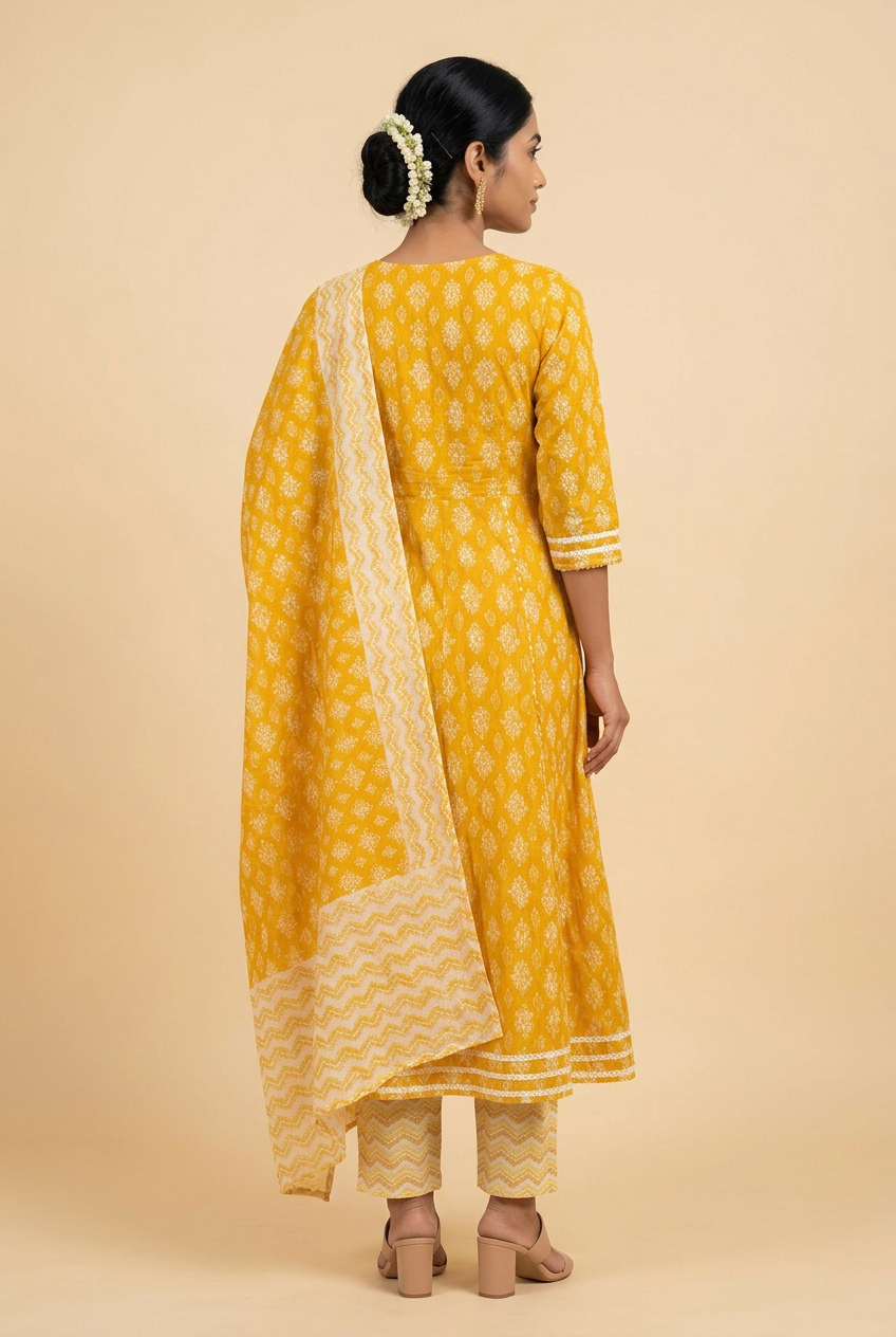 Anarkali Kurta Set for Women – Floral Print Zig-Zag Pants & Dupatta