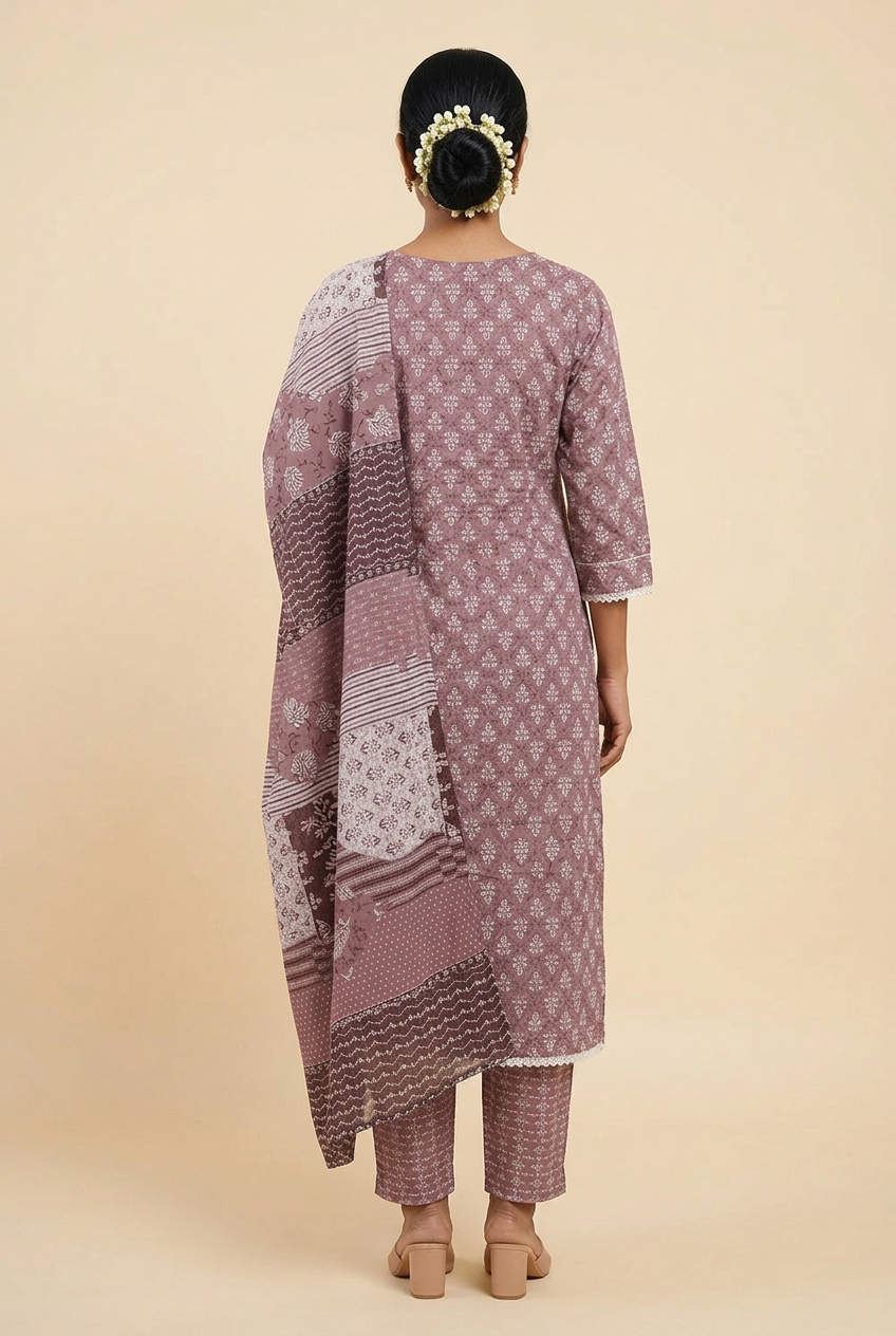 Cotton Kurta Set for Women – Floral Kurti with Zig-Zag Pants & Dupatta