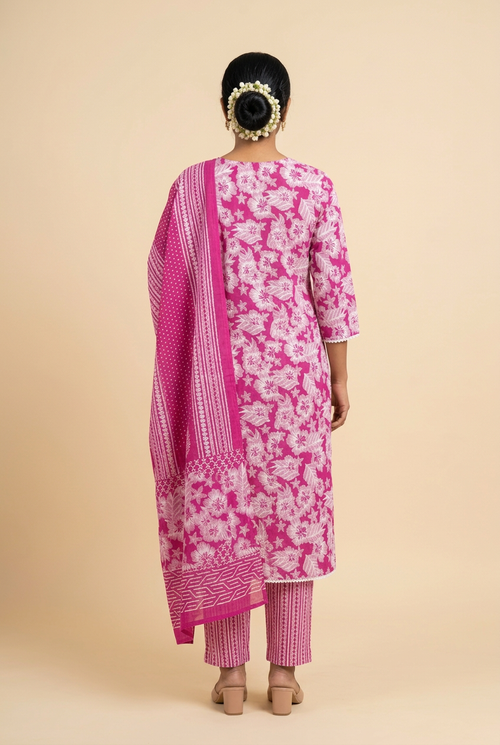 Cotton Kurta Set for Women – Floral Print Kurti with Pants & Dupatta