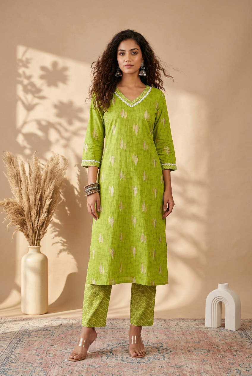 Cotton Kurta Set for Women – Lime Green Printed Kurti with Pants