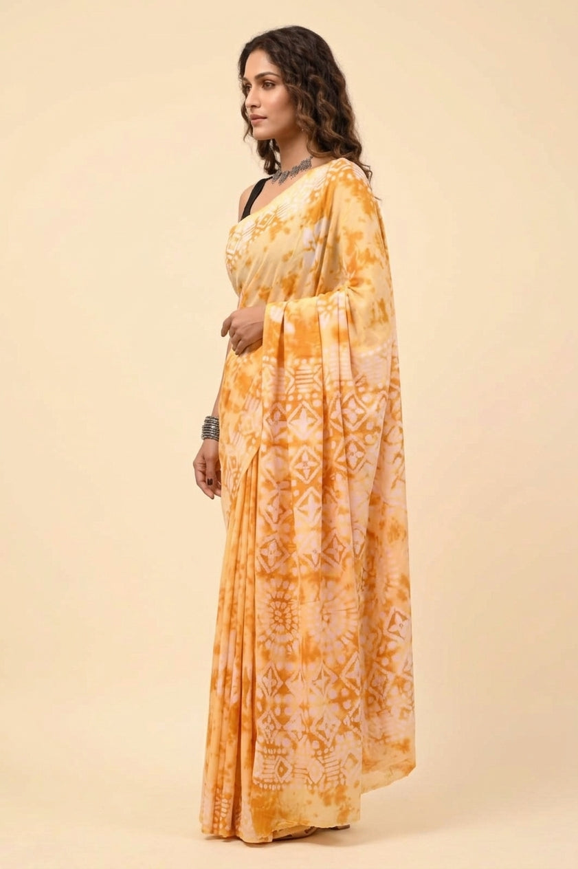 Yellow Tie-Dye Cotton Saree for Women – Printed Daily Wear Saree with Blouse Piece