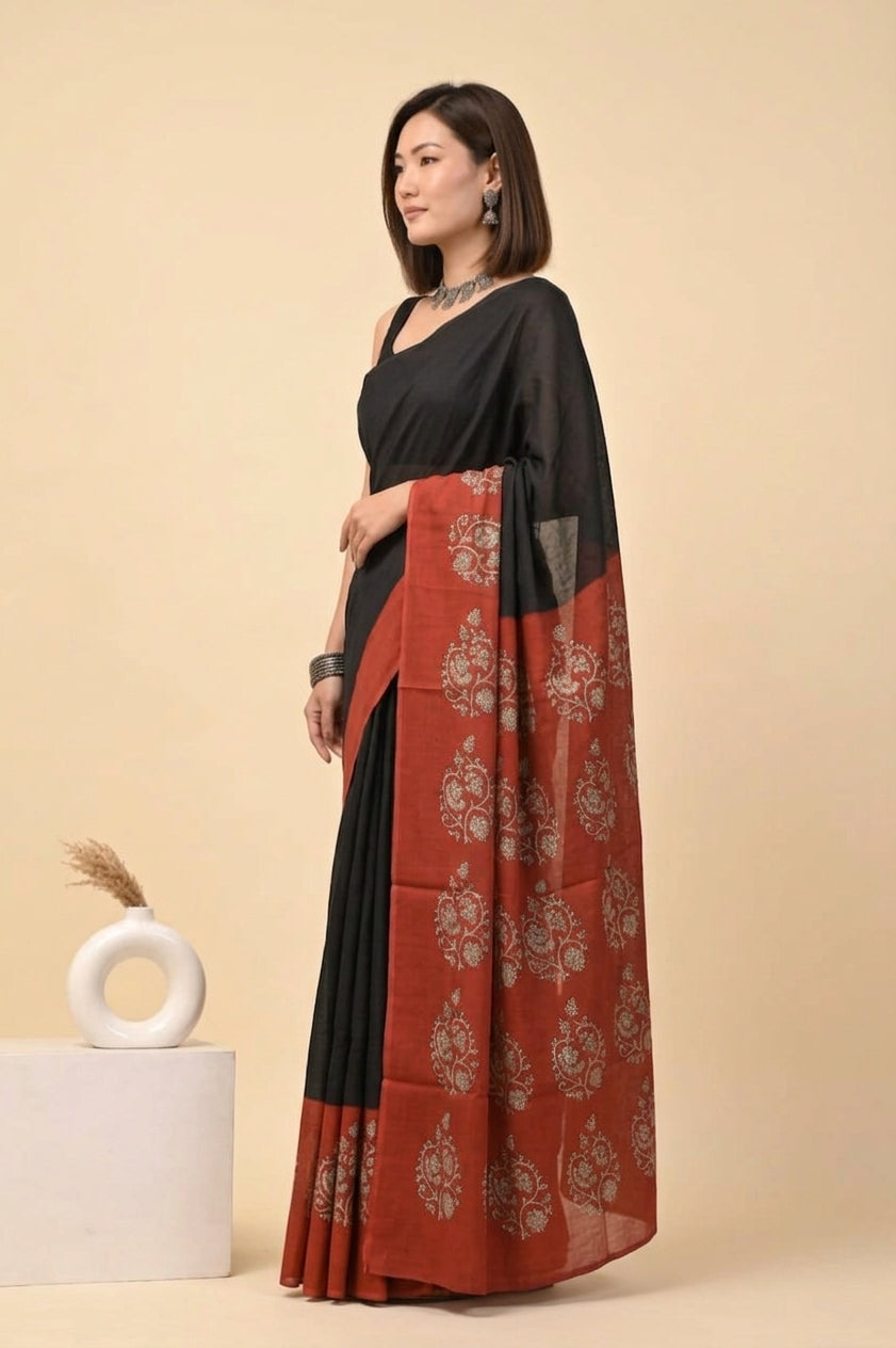 Black Cotton Saree with Red Border for Women – Printed Ethnic Daily Wear Saree