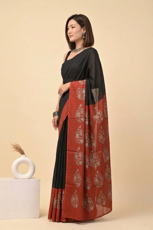 Black Cotton Saree with Red Border for Women – Printed Ethnic Daily Wear Saree