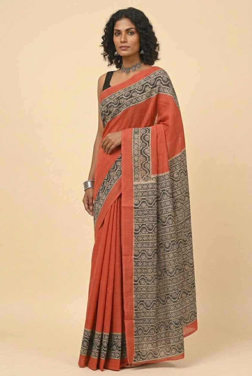 Orange Cotton Saree with Traditional Printed Border for Women – Ethnic Daily Wear Saree