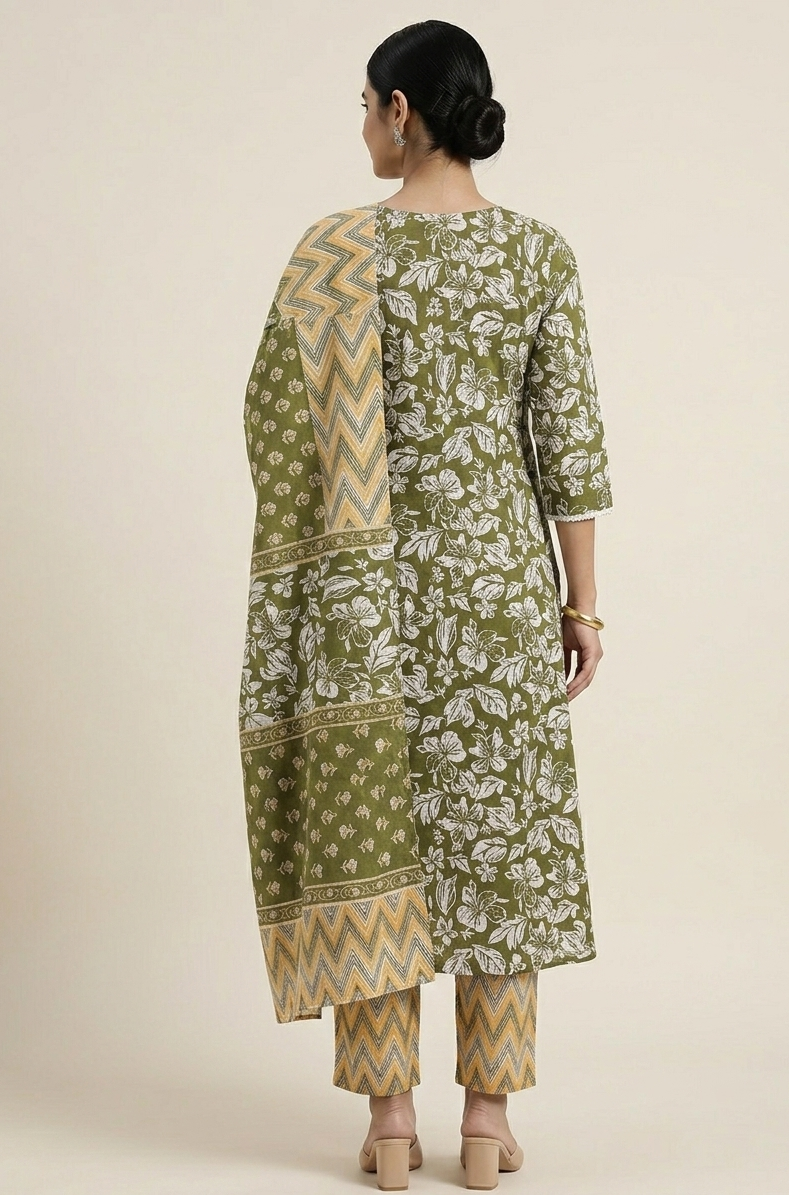 Anarkali Kurta Set for Women – Olive Green Floral Print with Dupatta
